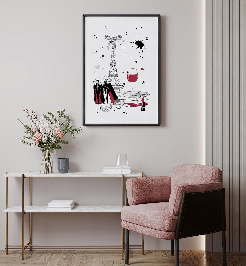 Stylish LIVING IN PARIS, FASHION POSTERS by Martina, showcasing Parisian elegance with chic shoes and wine.