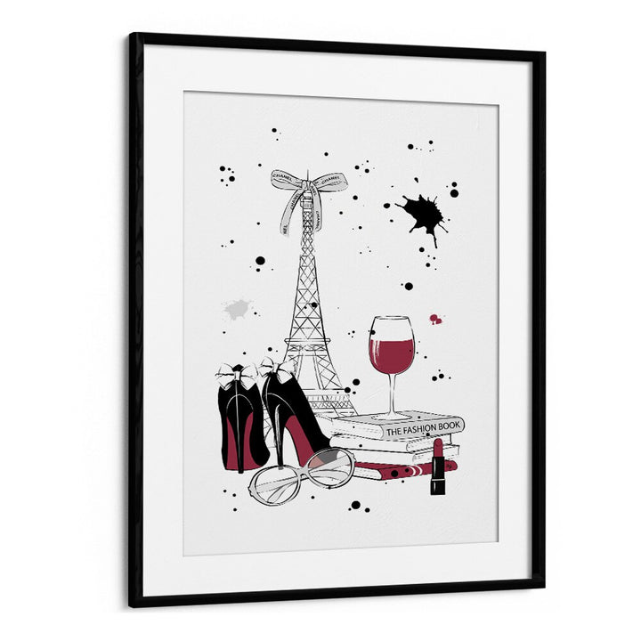 Stylish LIVING IN PARIS, FASHION POSTERS featuring the Eiffel Tower, heels, and chic accessories by Martina.