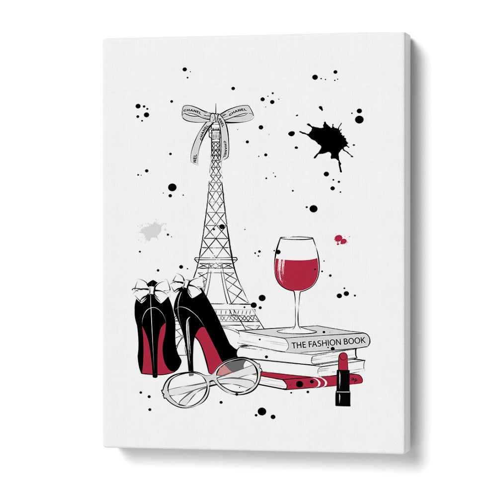 Elegant LIVING IN PARIS, FASHION POSTERS featuring chic shoes, wine, and the Eiffel Tower by Martina. Perfect for decor!