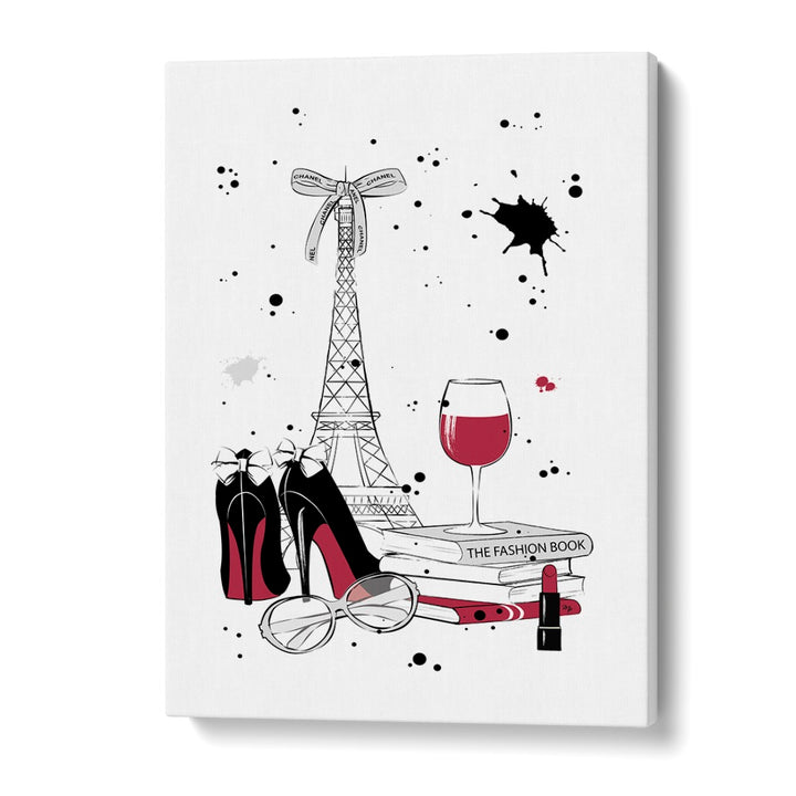 Elegant LIVING IN PARIS, FASHION POSTERS featuring chic shoes, wine, and the Eiffel Tower by Martina. Perfect for decor!