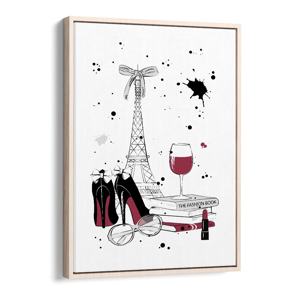Elegant LIVING IN PARIS, FASHION POSTERS featuring the Eiffel Tower, chic shoes, and wine by Martina, perfect for decor.
