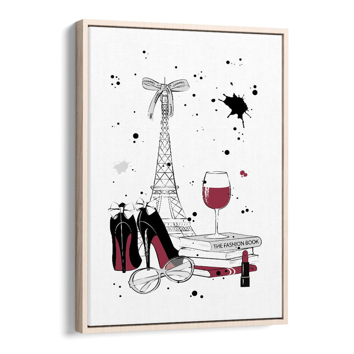Elegant LIVING IN PARIS, FASHION POSTERS featuring the Eiffel Tower, chic shoes, and wine by Martina, perfect for decor.