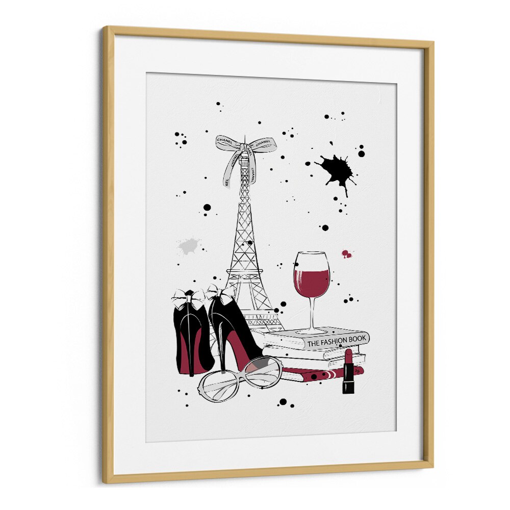 Elegant LIVING IN PARIS, FASHION POSTERS featuring the Eiffel Tower, stylish shoes, and wine for a chic decor.