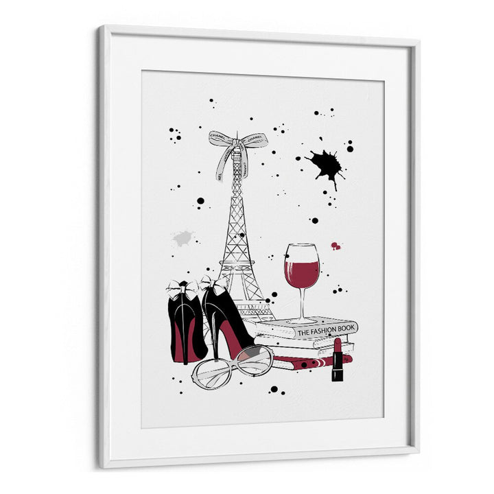 Elegant LIVING IN PARIS, FASHION POSTERS by Martina feature iconic style with Eiffel Tower and chic accessories.