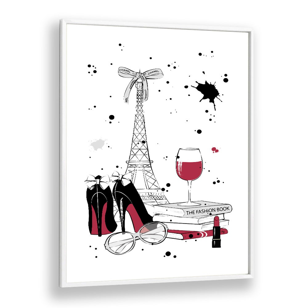 Stylish LIVING IN PARIS, FASHION POSTERS showcasing luxury, featuring the Eiffel Tower, chic shoes, and elegance by Martina.