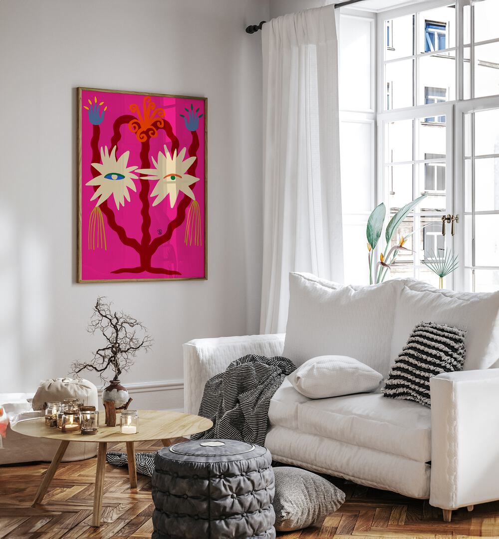 Vibrant and electric art print titled "Looking Forward," brightening up a cozy living space with bold colors.
