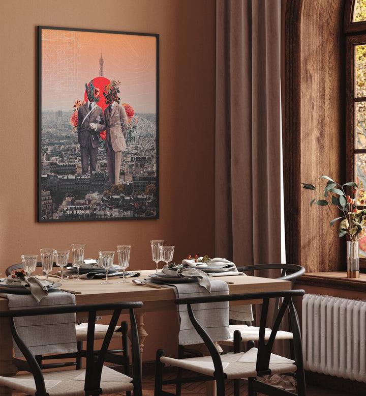 Elegant dining room featuring LOOT MASTERS, SURREAL ART PRINTS, showcasing stunning surreal artwork on the wall.