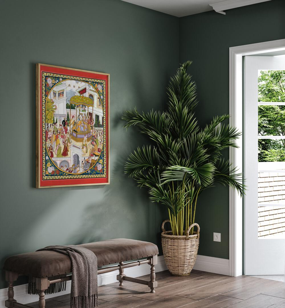 LORD RAMA CORONATION, INDIAN ART PAINTINGS adorn a stylish room, emphasizing the vibrant crowning moment of Lord Rama.