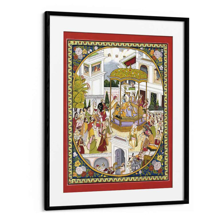 LORD RAMA CORONATION, INDIAN ART PAINTINGS capture the majestic crowning of Lord Rama in a vibrant, framed artwork.