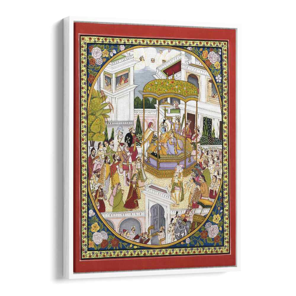 LORD RAMA CORONATION, INDIAN ART PAINTINGS showcase the majestic crowning of Lord Rama in vibrant detail.