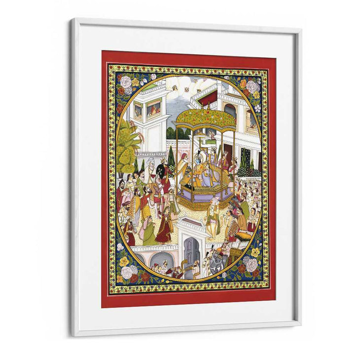 Majestic LORD RAMA CORONATION, INDIAN ART PAINTINGS capture the iconic crowning moment of Lord Rama in vibrant detail.