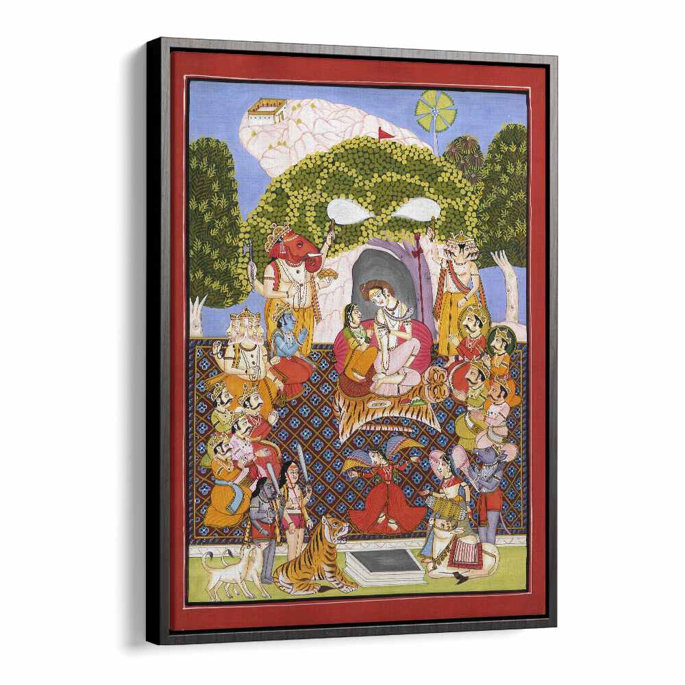 Vibrant LORD SHIVA ART I, INDIAN ART PAINTINGS depicting the divine moment of Shiva and Parvati on Mount Kailash.