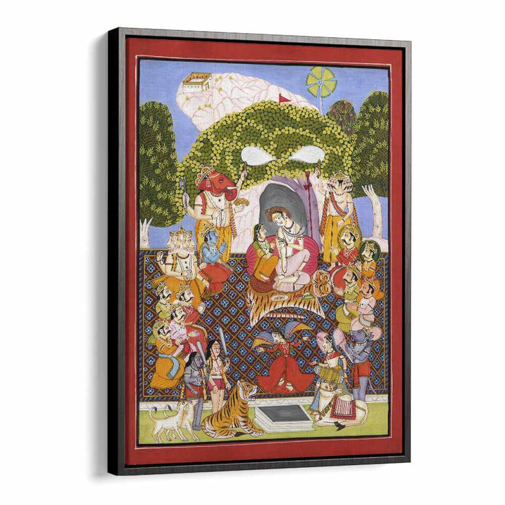 Vibrant LORD SHIVA ART I, INDIAN ART PAINTINGS depicting the divine moment of Shiva and Parvati on Mount Kailash.