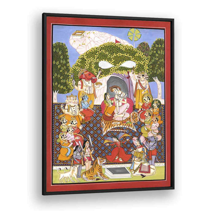 Vibrant LORD SHIVA ART I, INDIAN ART PAINTINGS capturing divine moments of Shiva and Parvati on Mount Kailash.