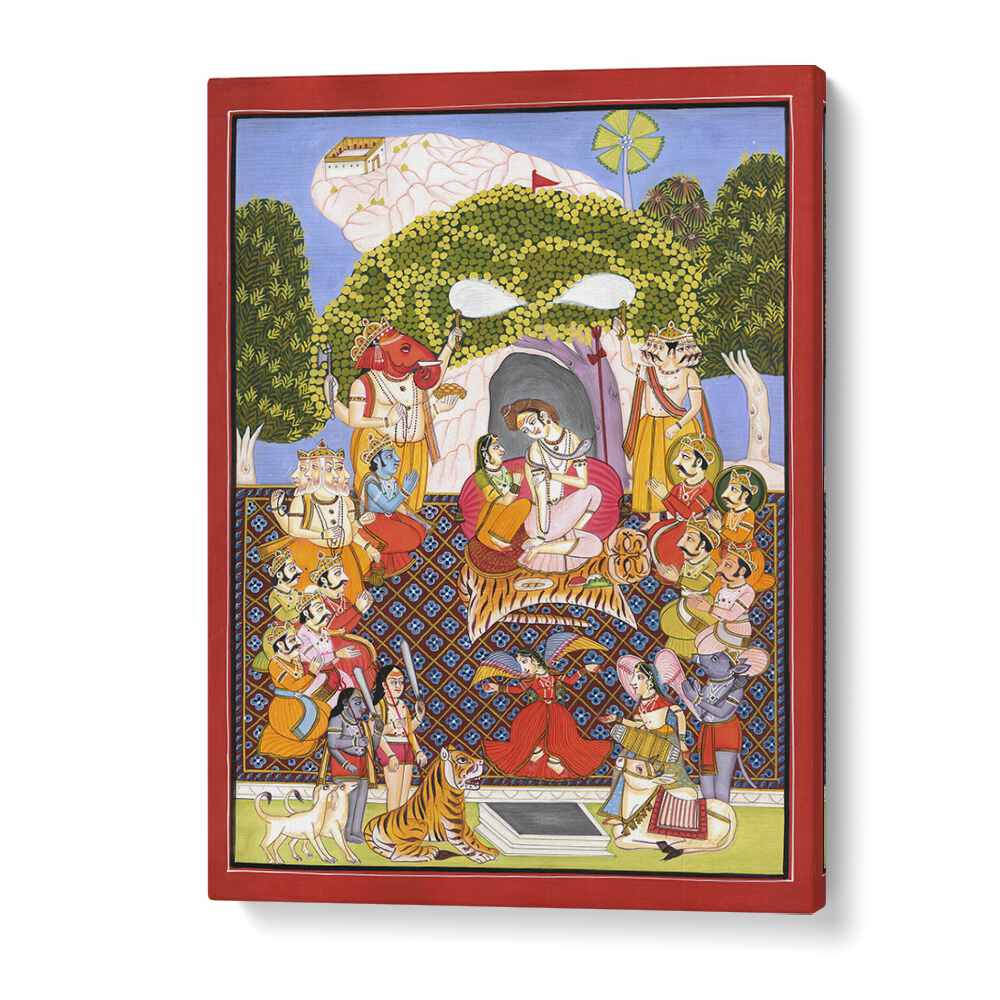 LORD SHIVA ART I, INDIAN ART PAINTINGS showcases the divine moment of Shiva and Parvati on Mount Kailash.
