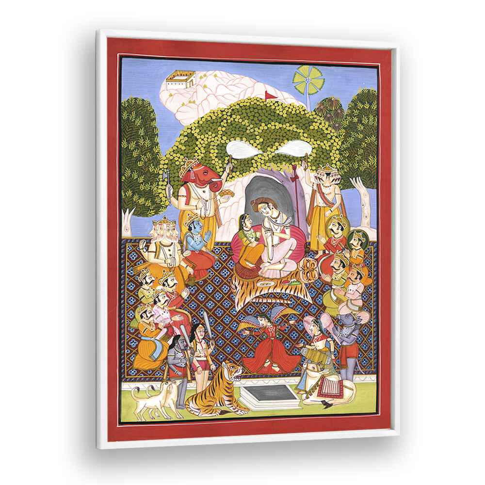 LORD SHIVA ART I, INDIAN ART PAINTINGS showcases Lord Shiva and Parvati atop Mount Kailash, capturing divine spirituality.