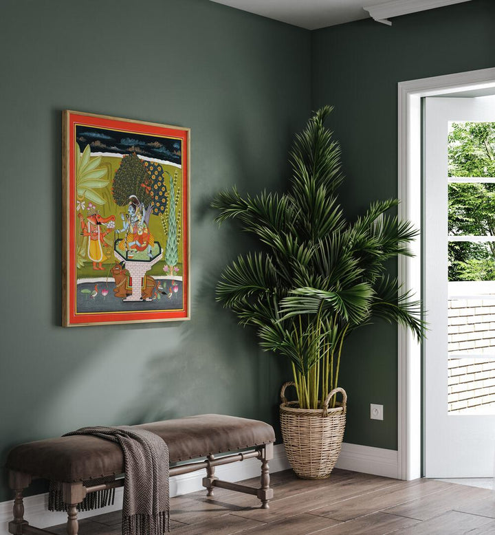 LORD SHIVA WITH SHRI GANESHA, INDIAN ART PAINTINGS, showcasing divine harmony and tranquility in vibrant colors.
