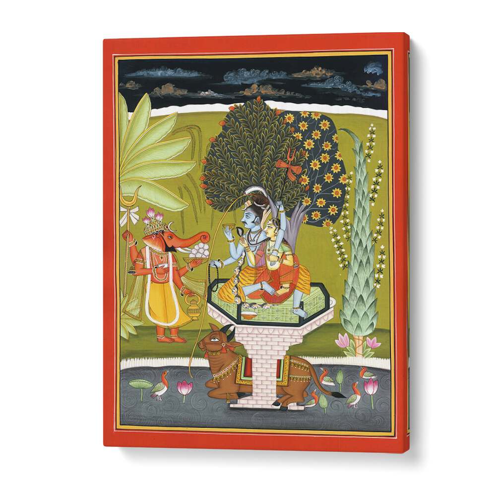 LORD SHIVA WITH SHRI GANESHA, INDIAN ART PAINTINGS, showcasing divine harmony and spirituality in vibrant colors.