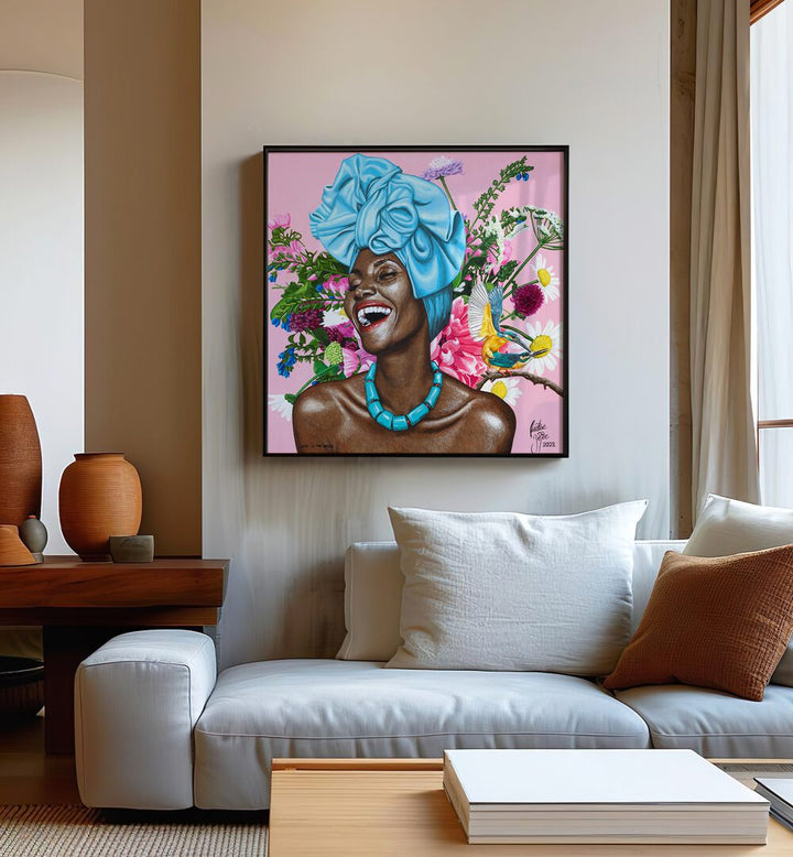 Vibrant "LOVE IS THE DRUG, AFRICAN ART PAINTINGS" by Christian Beijer showcases joyful African womanhood in art.