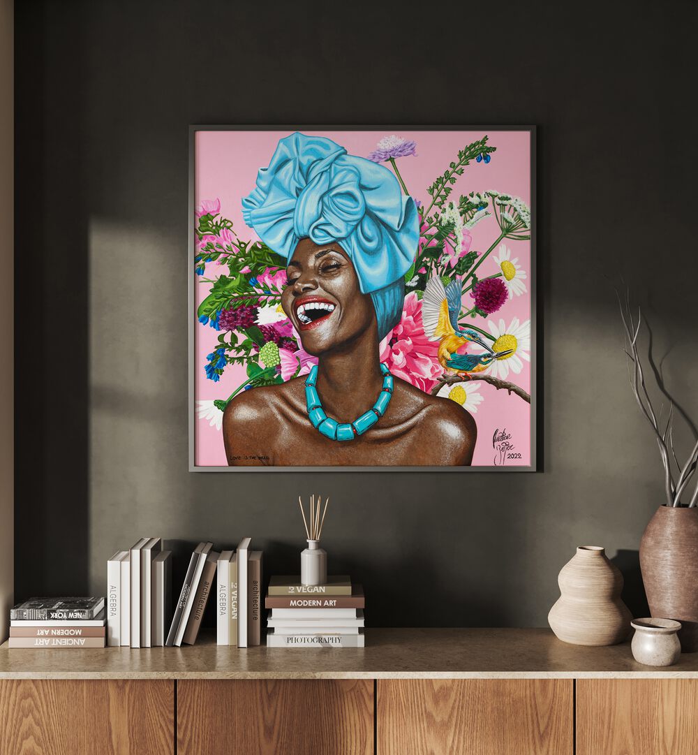 Colorful "LOVE IS THE DRUG, AFRICAN ART PAINTINGS" by Christian Beijer showcases joyful African womanhood in vibrant detail.