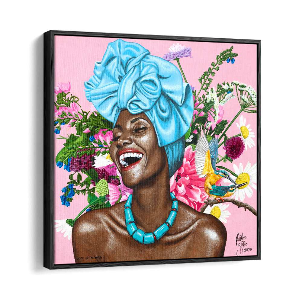 Vibrant African art painting "LOVE IS THE DRUG" by Christian Beijer showcases joyful womanhood in stunning detail.