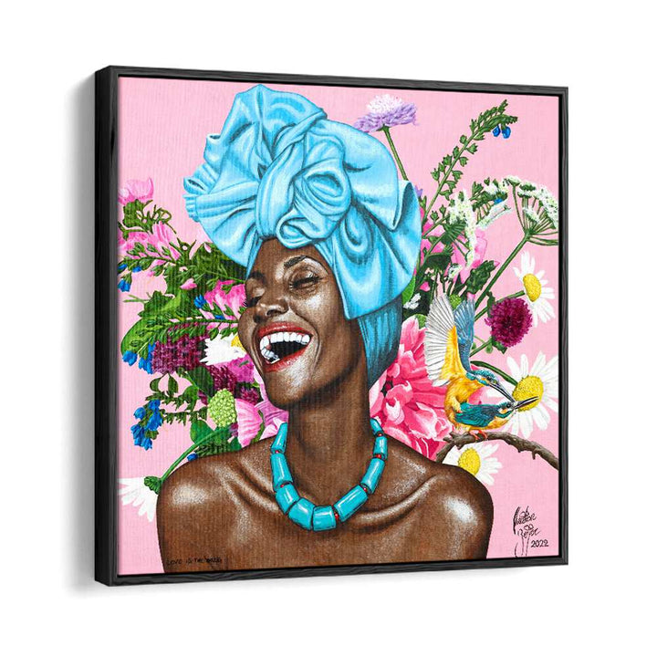 Vibrant African art painting "LOVE IS THE DRUG" by Christian Beijer showcases joyful womanhood in stunning detail.