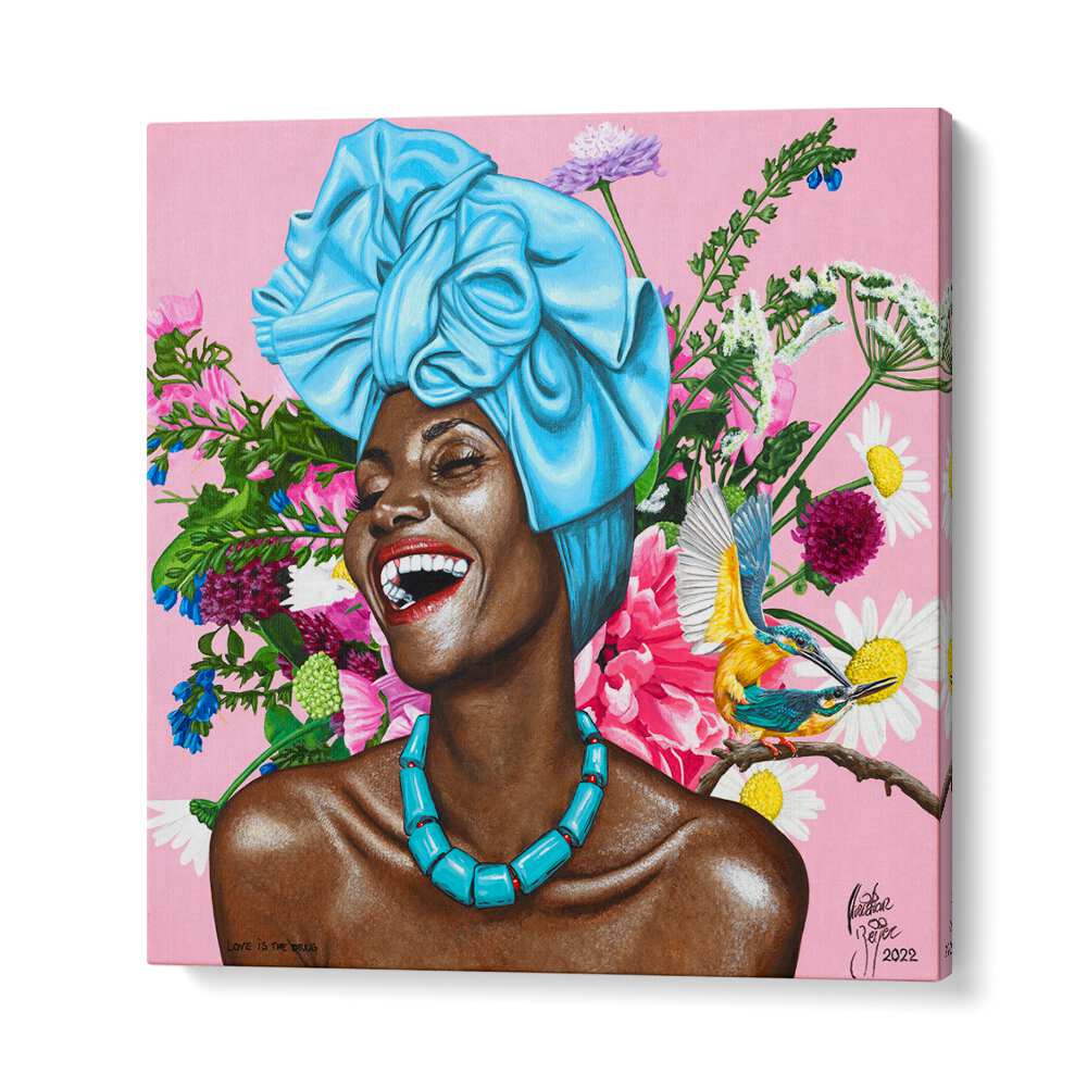 Vibrant "LOVE IS THE DRUG, AFRICAN ART PAINTINGS" by Christian Beijer showcasing joyful African womanhood.