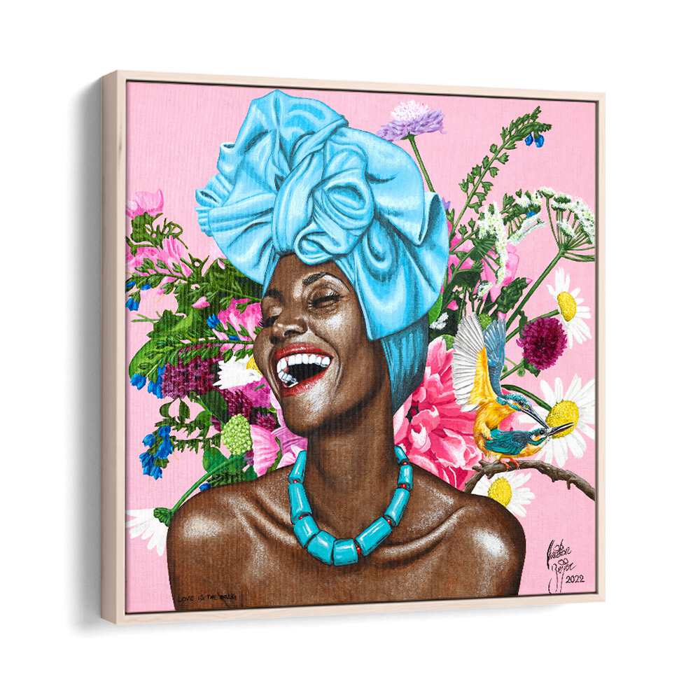Vibrant "LOVE IS THE DRUG" African art painting by Christian Beijer, showcasing joyful womanhood and culture.