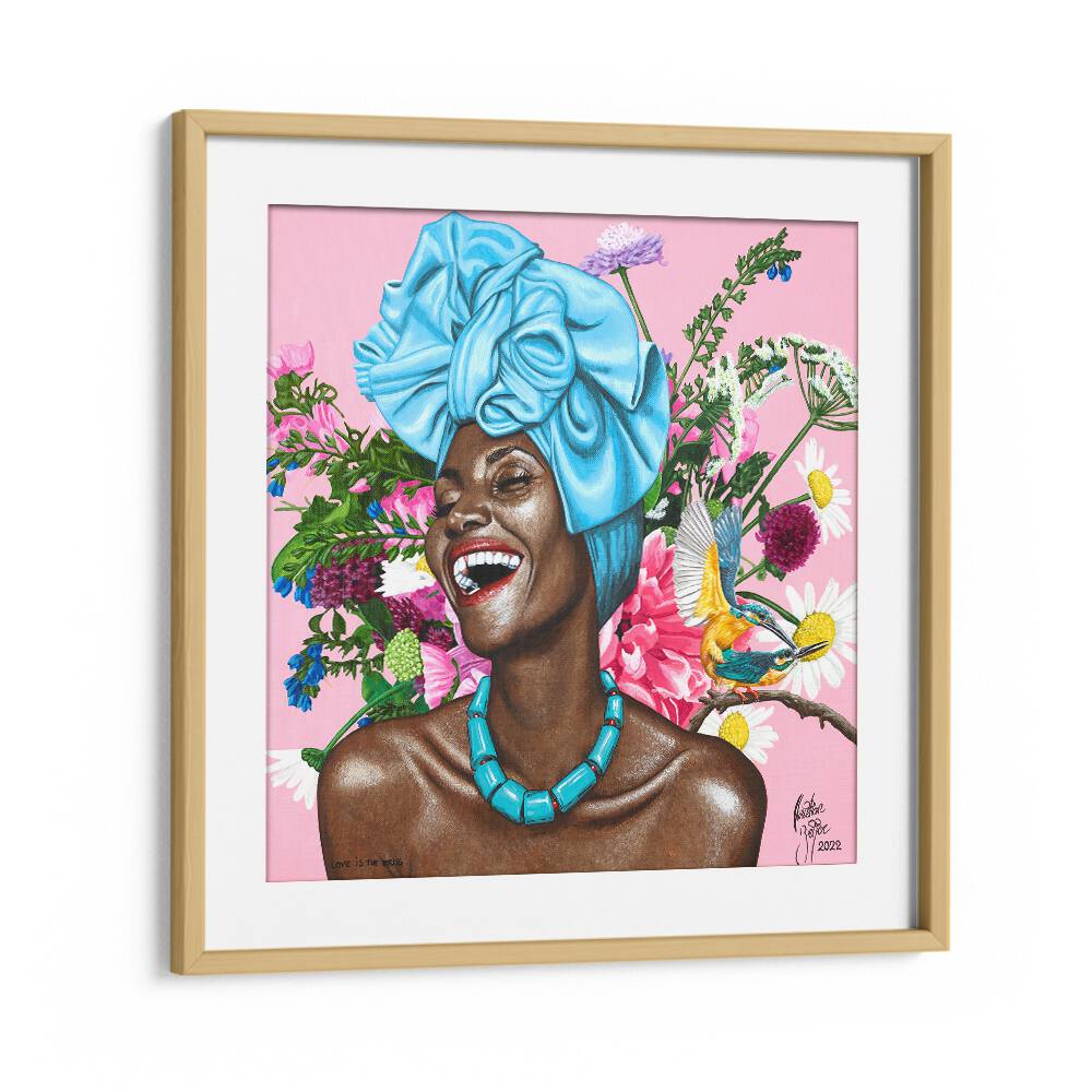 Vibrant "LOVE IS THE DRUG, AFRICAN ART PAINTINGS" by Christian Beijer showcasing joyful African womanhood in a floral setting.