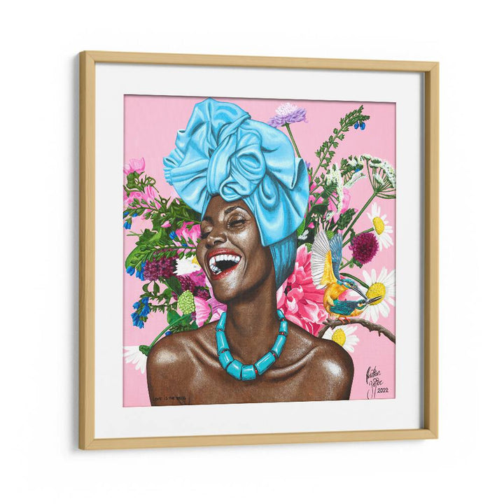 Vibrant "LOVE IS THE DRUG, AFRICAN ART PAINTINGS" by Christian Beijer showcasing joyful African womanhood in a floral setting.