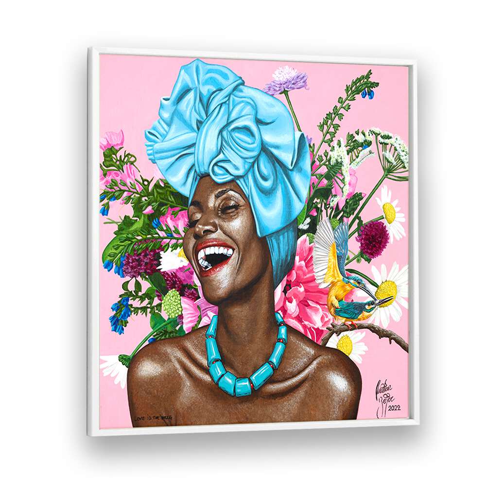 Captivating "LOVE IS THE DRUG, AFRICAN ART PAINTINGS" by Christian Beijer, celebrating African womanhood and joy.