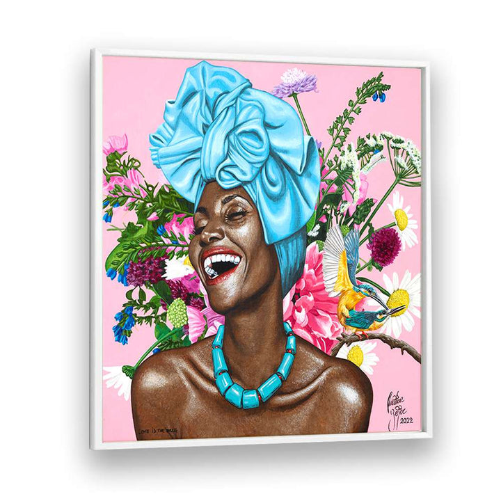 Captivating "LOVE IS THE DRUG, AFRICAN ART PAINTINGS" by Christian Beijer, celebrating African womanhood and joy.