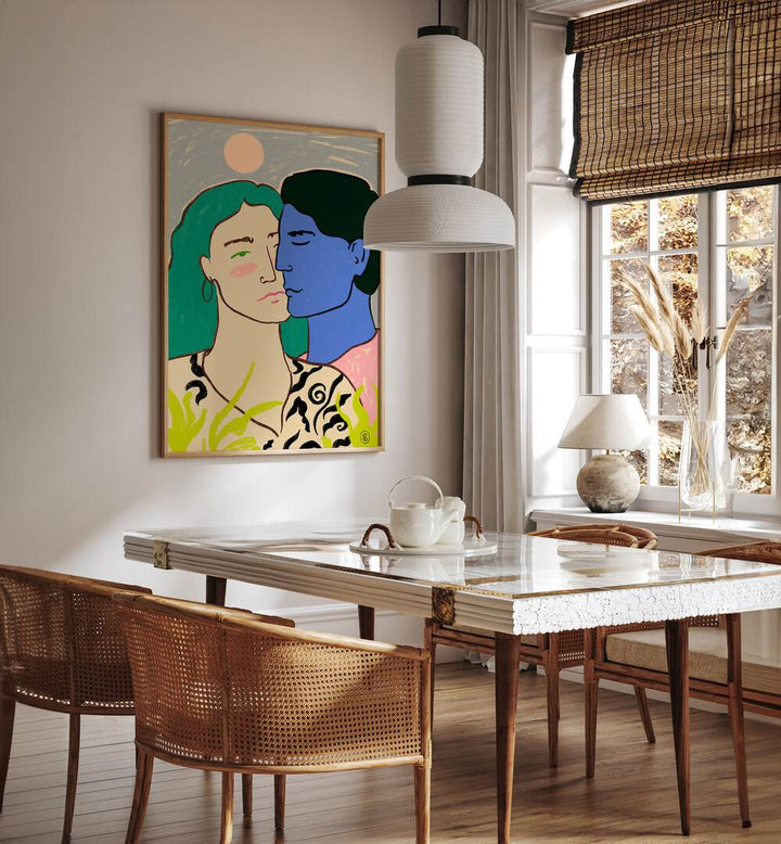 Vibrant art print "LOVERS UNDER THE MOON" transforms your space into a sanctuary of love and creativity.