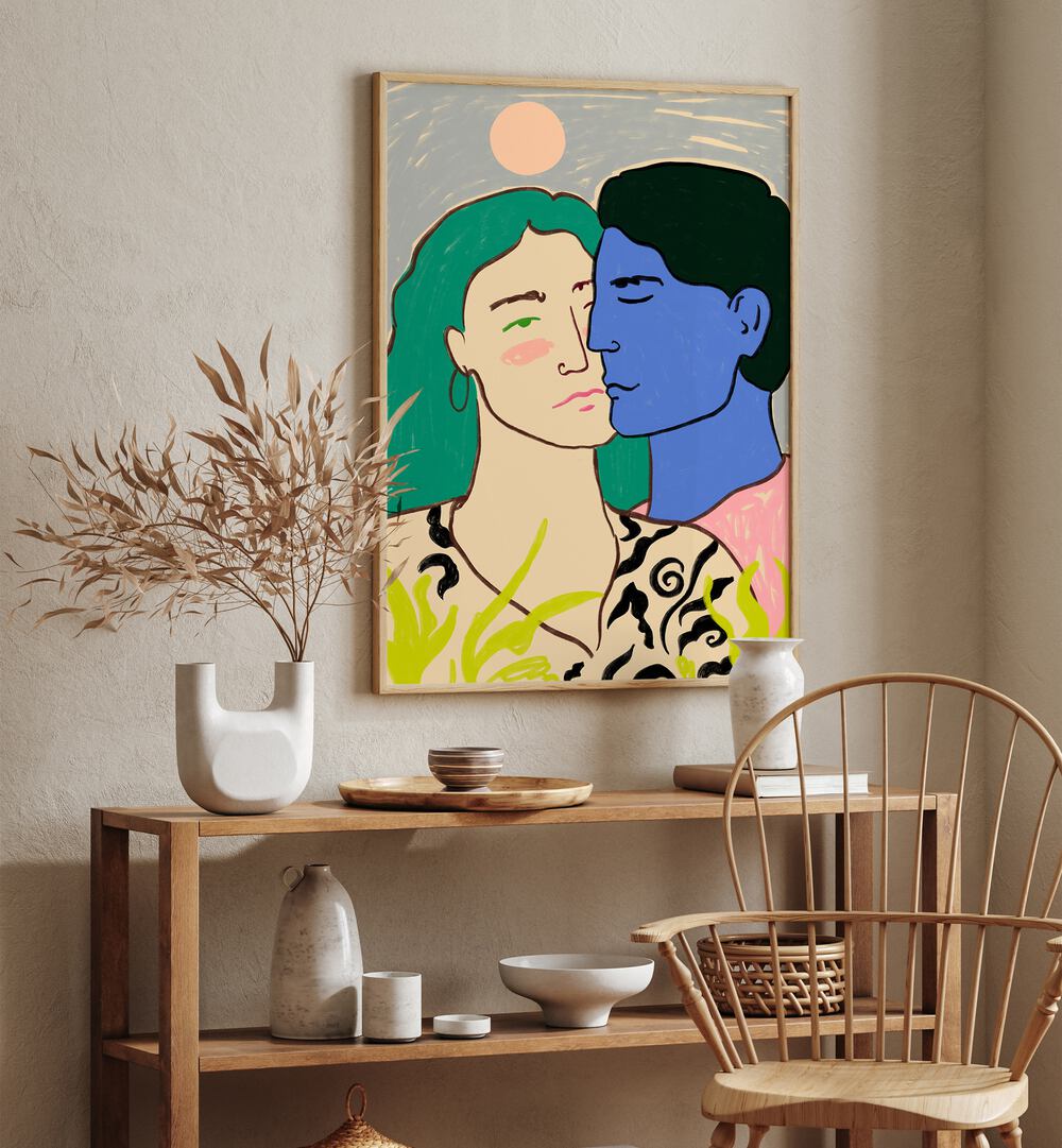Vibrant art print of couples under the moon, part of the LOVERS UNDER THE MOON, VIBRANT collection, enhancing your space.