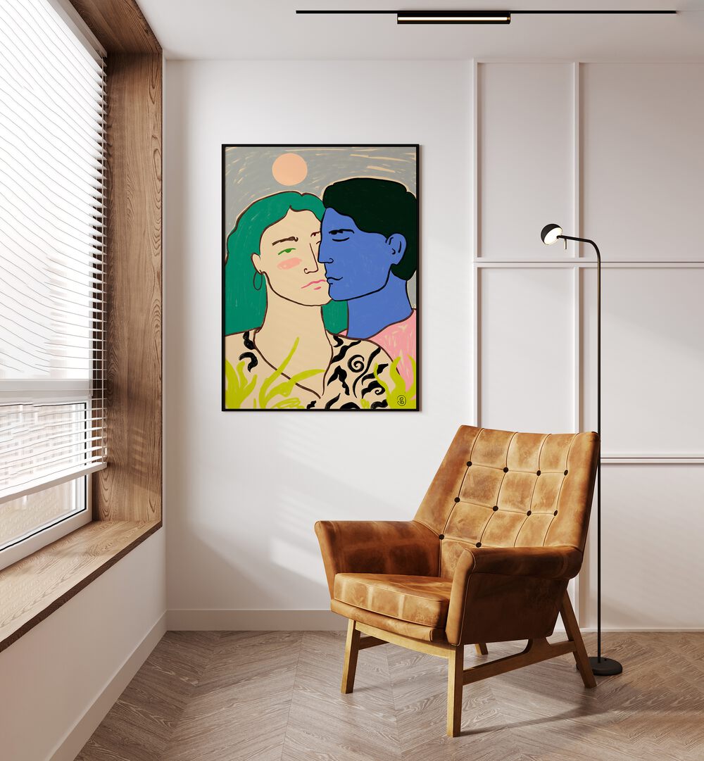 Vibrant art print "LOVERS UNDER THE MOON" brightens your space with colorful couples and a serene atmosphere.