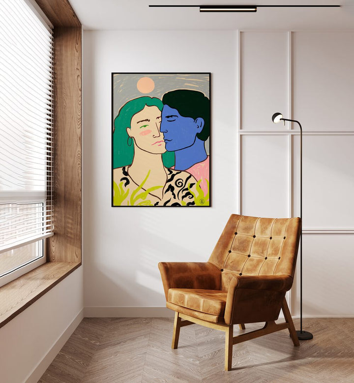 Vibrant art print "LOVERS UNDER THE MOON" brightens your space with colorful couples and a serene atmosphere.