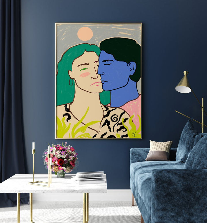 Vibrant art print "LOVERS UNDER THE MOON" beautifully captures couples embracing under a moonlit sky.