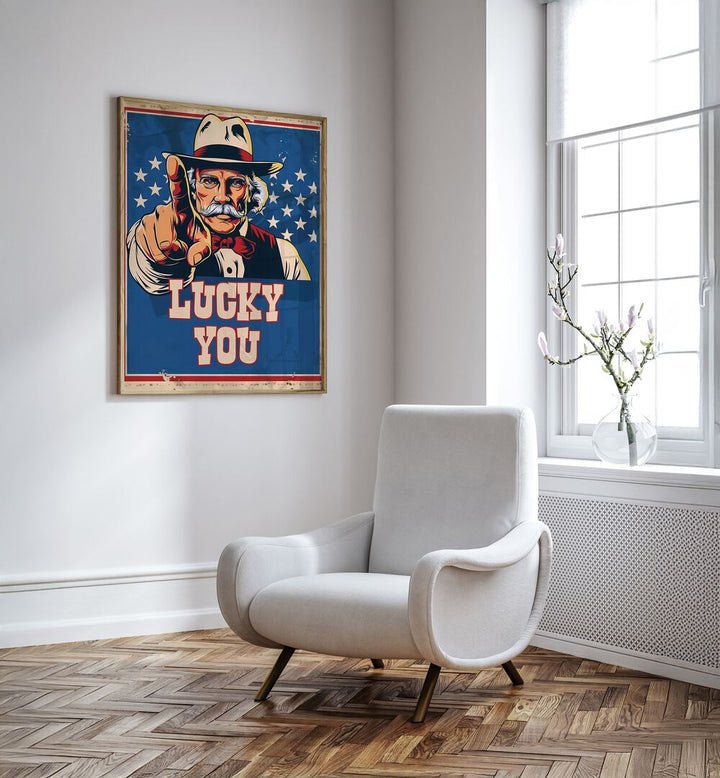 Discover the bold art of LUCKY YOU , COWBOY, a striking statement piece for any modern Americana decor.