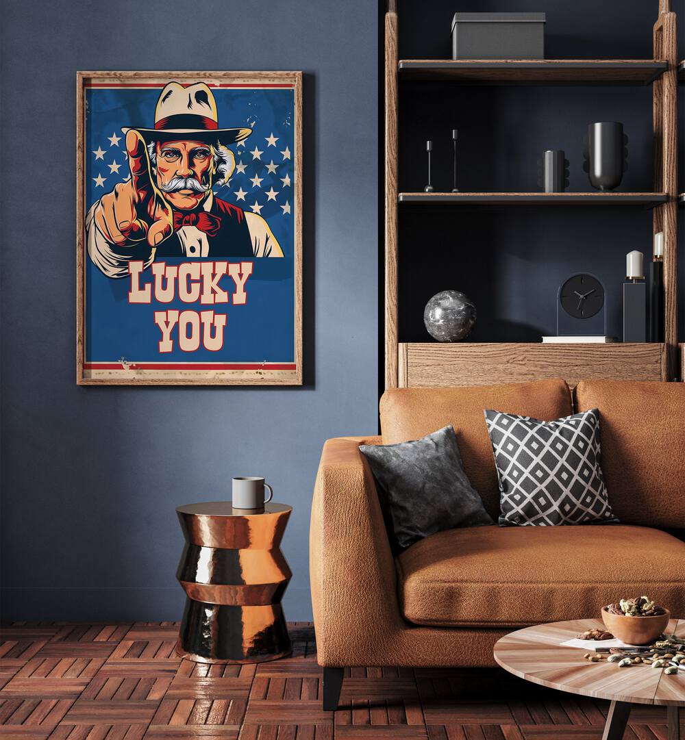 LUCKY YOU, COWBOY poster by Andreas Magnusson elevates your space with motivational Americana art.