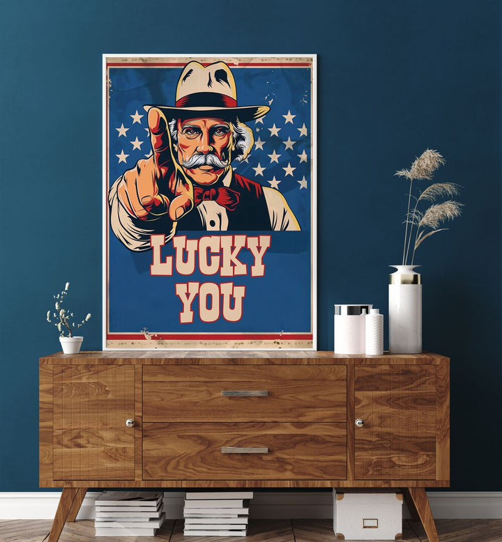 LUCKY YOU, COWBOY poster featuring bold typography and Americana design, perfect for uplifting home decor.