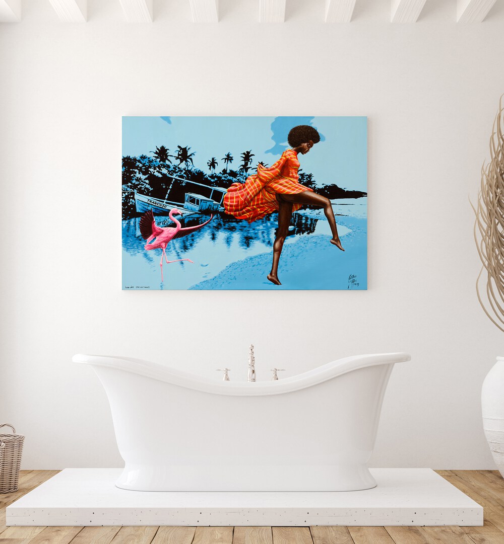 Vibrant LUSH LIFE, AFRICAN ART PAINTINGS by Christian Beijer, showcasing beauty in a stylish bathroom setting.