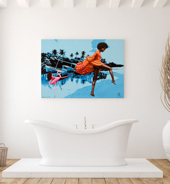 Vibrant LUSH LIFE, AFRICAN ART PAINTINGS by Christian Beijer, showcasing beauty in a stylish bathroom setting.