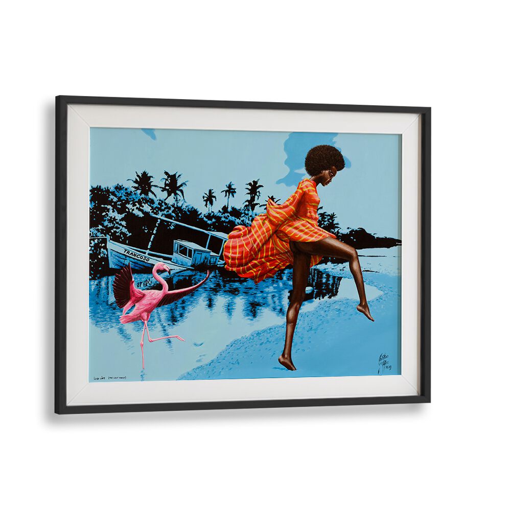 Vibrant LUSH LIFE, AFRICAN ART PAINTINGS by Christian Beijer, showcasing a woman and flamingo in a stunning landscape.
