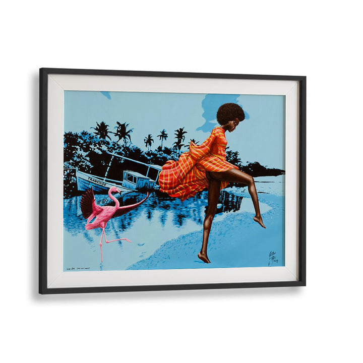 Vibrant LUSH LIFE, AFRICAN ART PAINTINGS by Christian Beijer, showcasing a woman and flamingo in a stunning landscape.