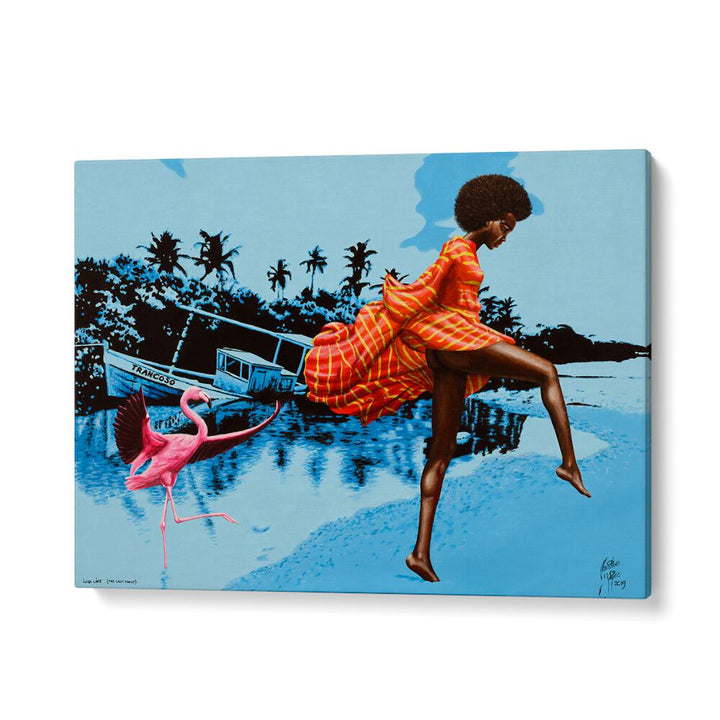 Vibrant LUSH LIFE, AFRICAN ART PAINTINGS by Christian Beijer, showcasing a joyful scene with a flamingo and flowing dress.