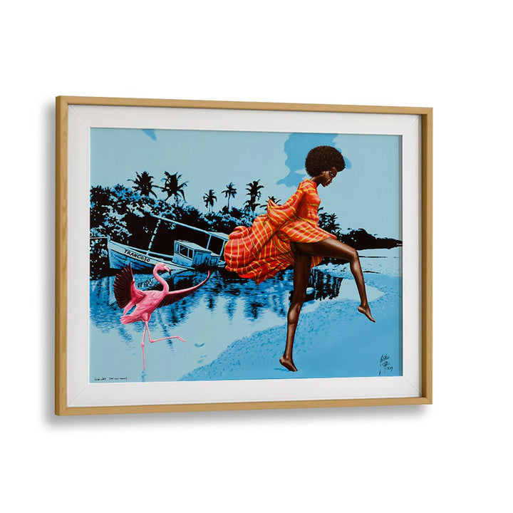 LUSH LIFE, AFRICAN ART PAINTINGS features a vibrant scene with a woman in a patterned dress and a flamingo, framed beautifully.