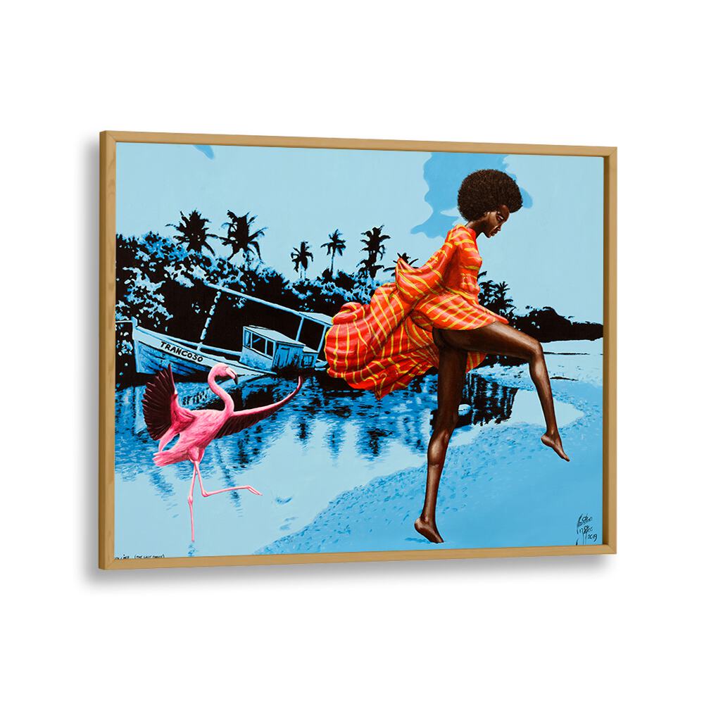 Vibrant LUSH LIFE, AFRICAN ART PAINTINGS by Christian Beijer, featuring a joyful scene with a flamingo and ocean backdrop.