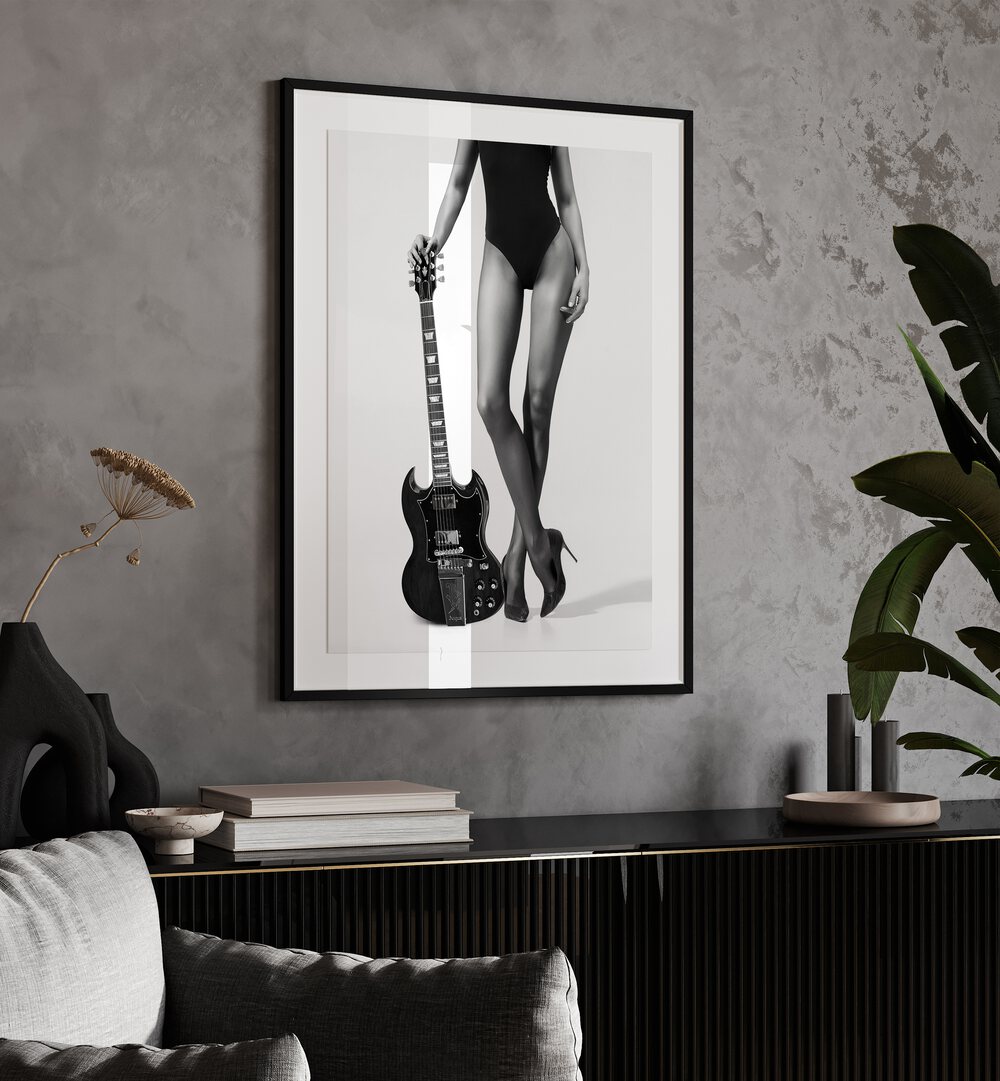 Elegant fine art photography print, "LADY WITH THE GIBSON," showcasing a stylish woman with a guitar by David Drake.