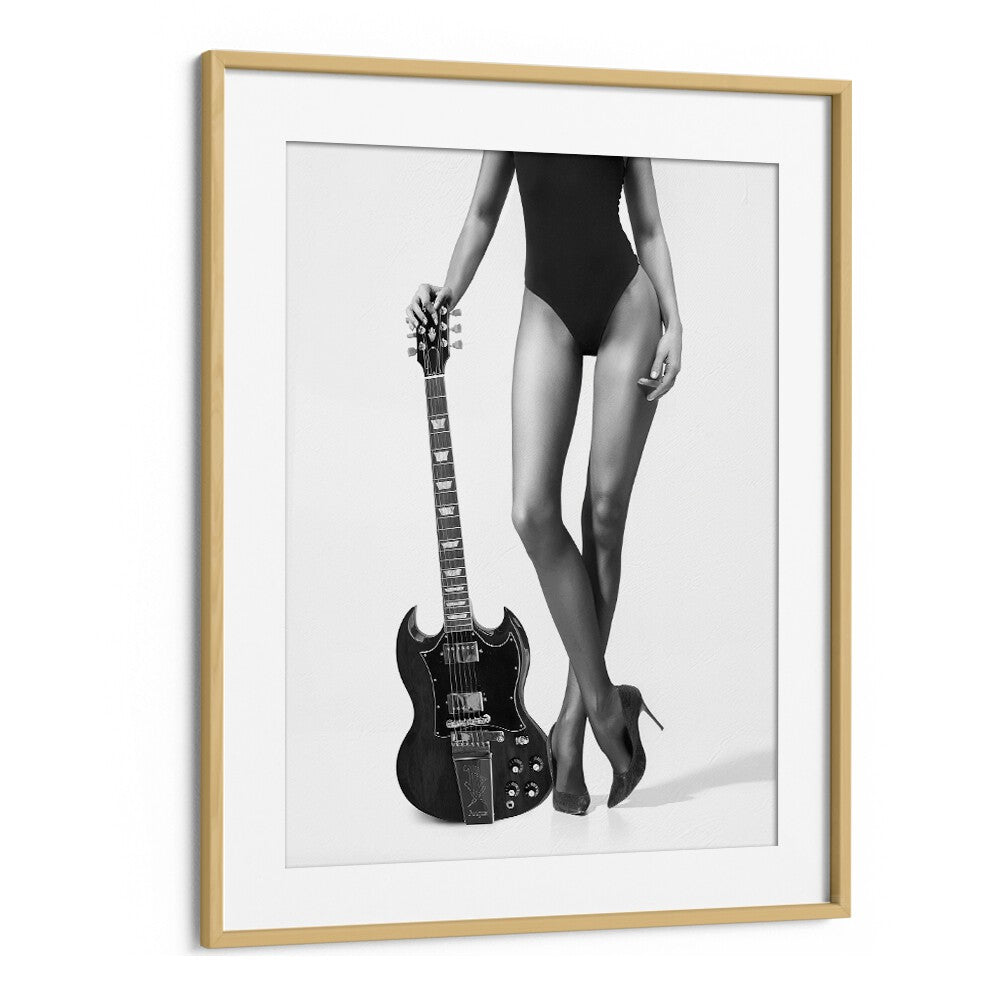 Elegant "Lady With The Gibson" photography prints featuring a striking figure and guitar, by David Drake.