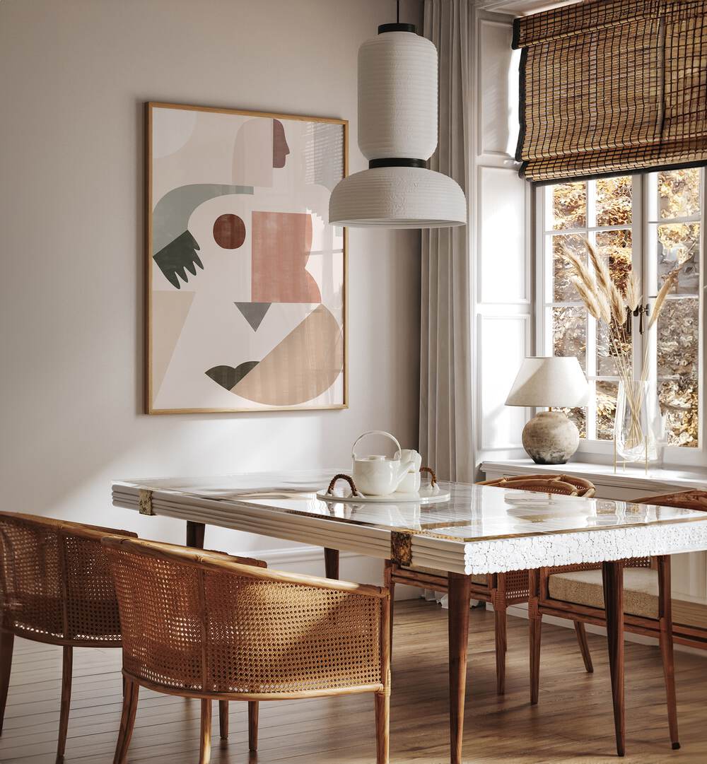 Stylish dining area featuring LADY GEOMETRY, BOHO ART PAINTINGS, enhancing modern elegance and artistic flair.